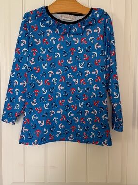 Rachel Riley Anchor Print Rash Guard Swim Top Size 8Y Nautical Blue Long Sleeve